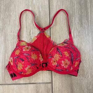 Victoria’s Secret PINK Date Push-Up Bra Floral Lace Underwire Racerback 32C Red